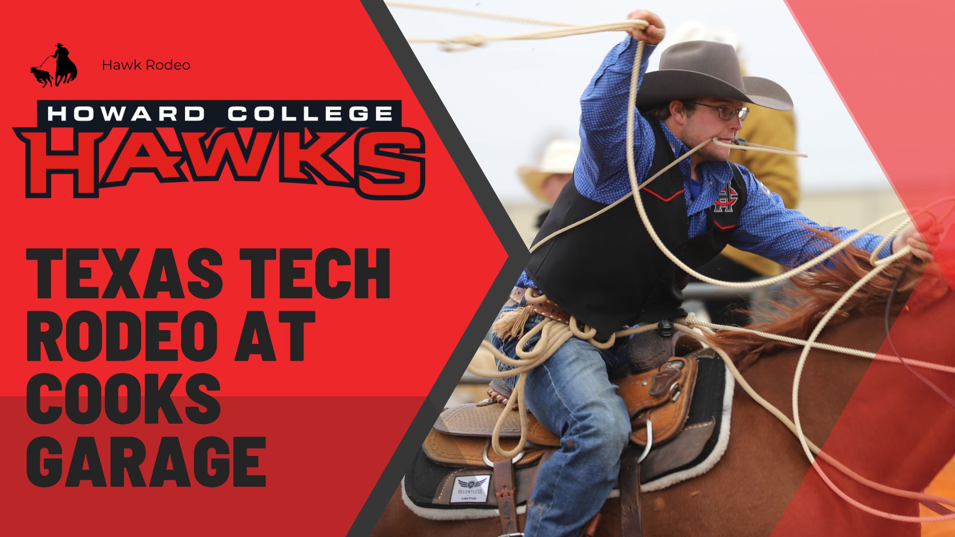 Howard College Rodeo athlete roping on horseback with red background and college logo. 